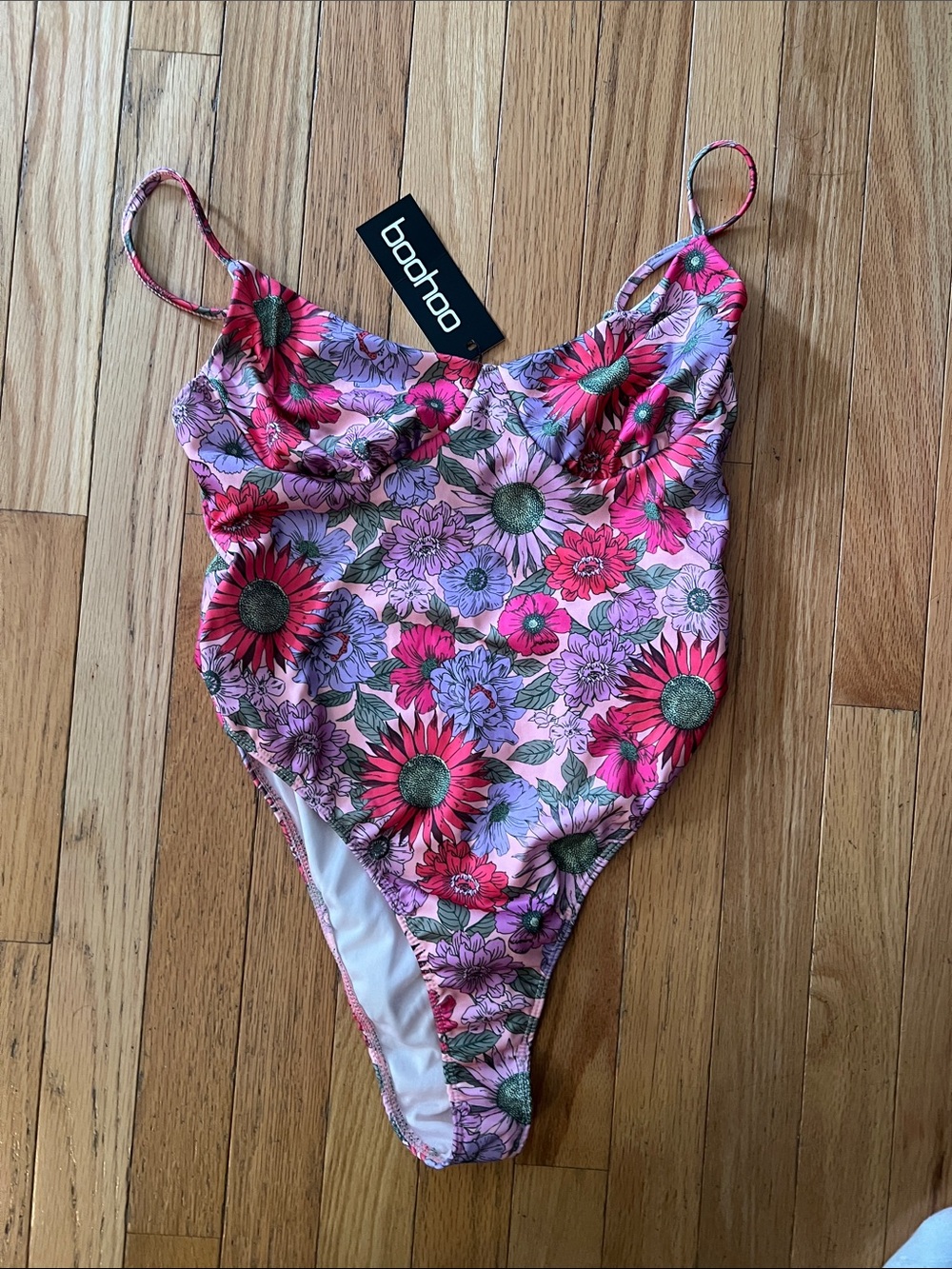 Boohoo Pink Floral Print One-Piece Swimsuit